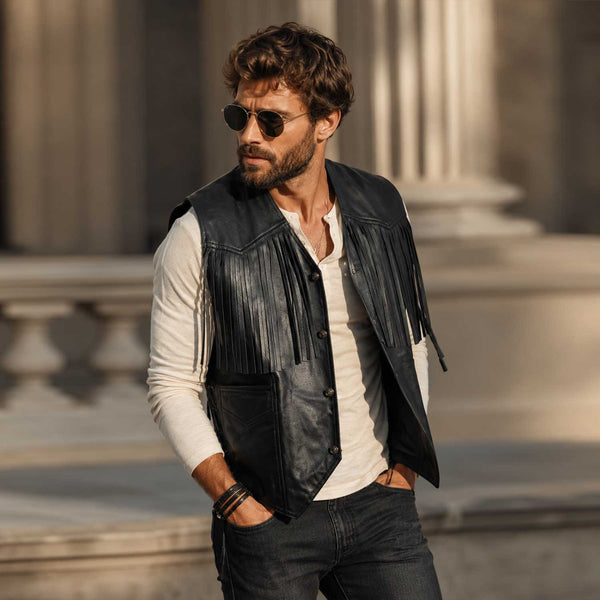 Men's Western Fringe Black Sheepskin Leather Vest