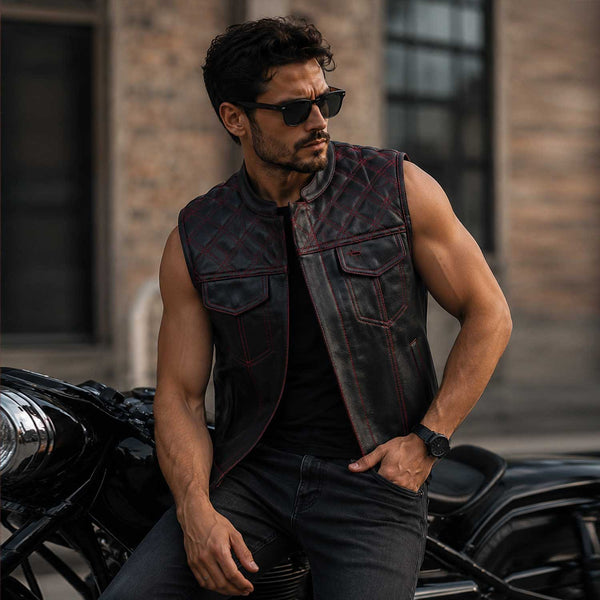 Men's Black & Red Diamond Quilted Sheepskin Leather Vest