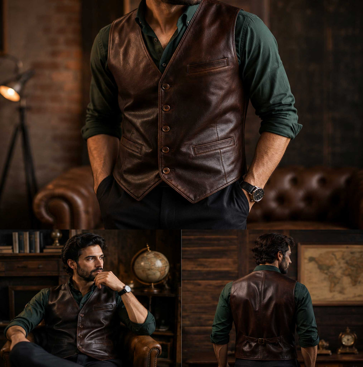 Men's vintage leather vest, biker and western waistcoat - view 4