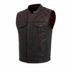 Men's black and red diamond quilted sheepskin leather vest - view 5