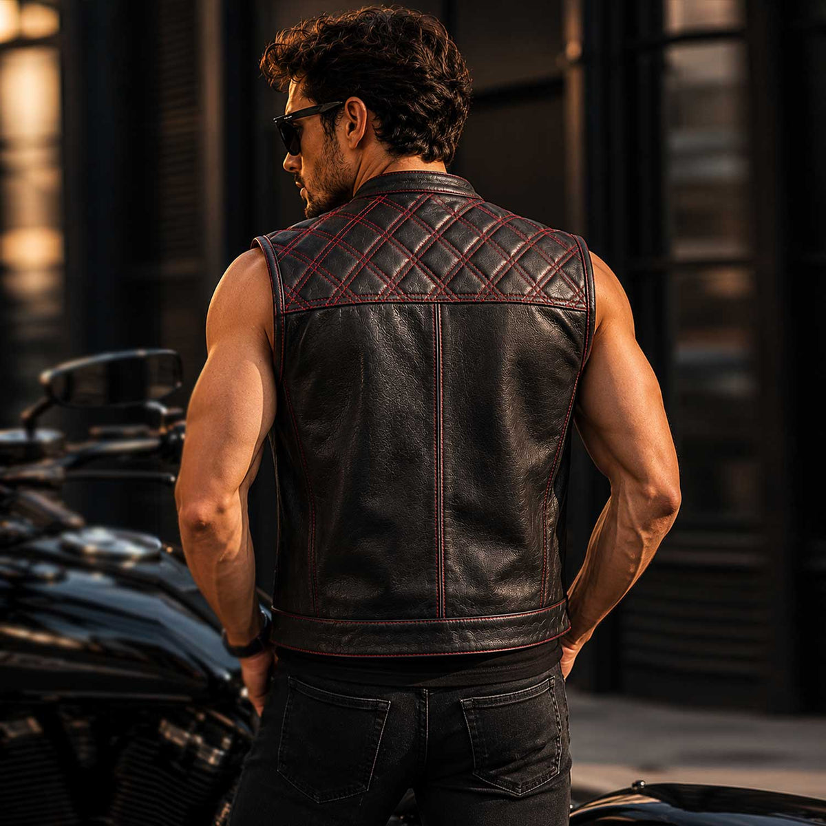 Men's black and red diamond quilted sheepskin leather vest - view 3