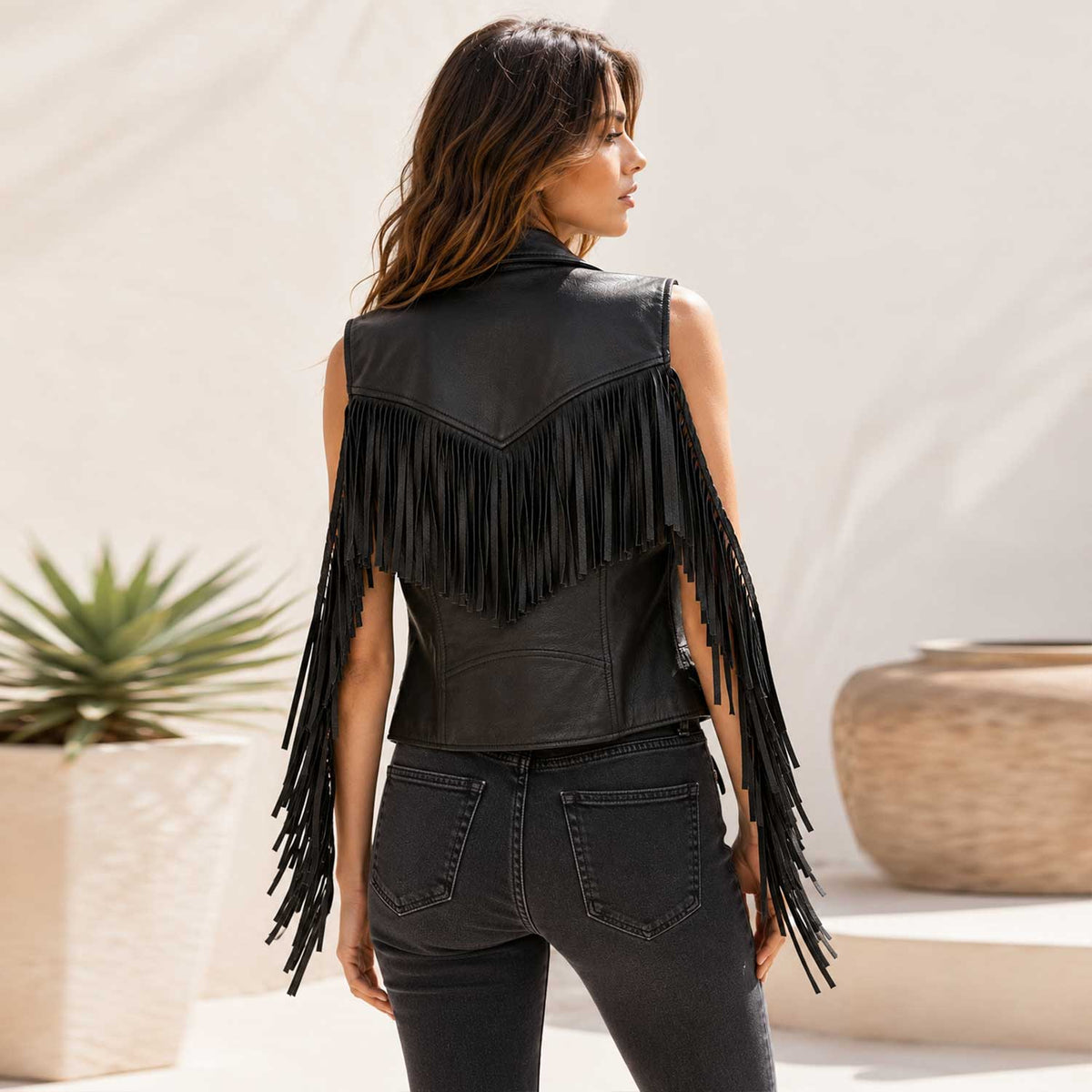 Rodeo women's black fringe leather vest - view 3