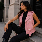 Women's pink lambskin leather cropped biker vest - view 4