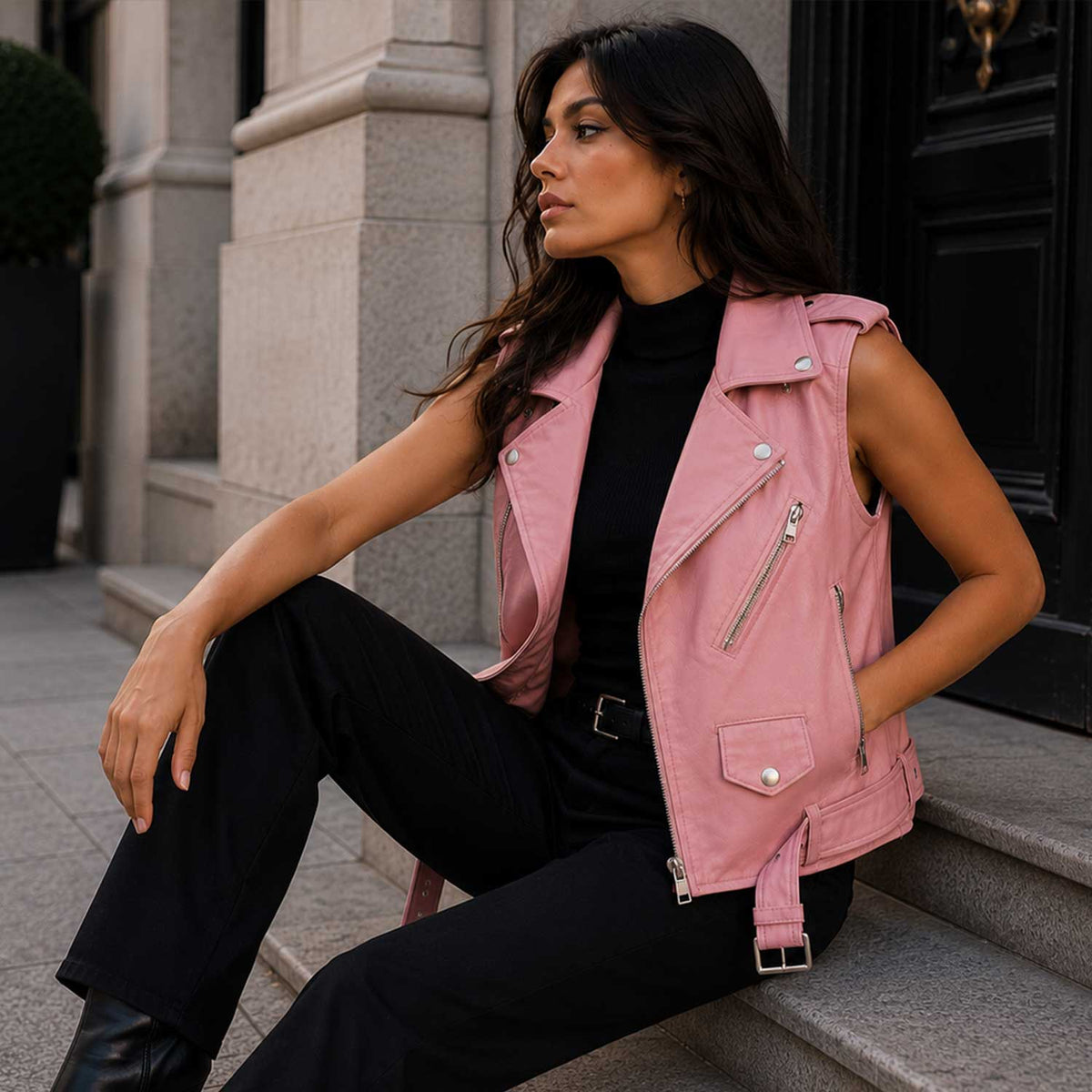 Women's pink lambskin leather cropped biker vest - view 4