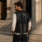 Men's western fringe black sheepskin leather vest - view 4