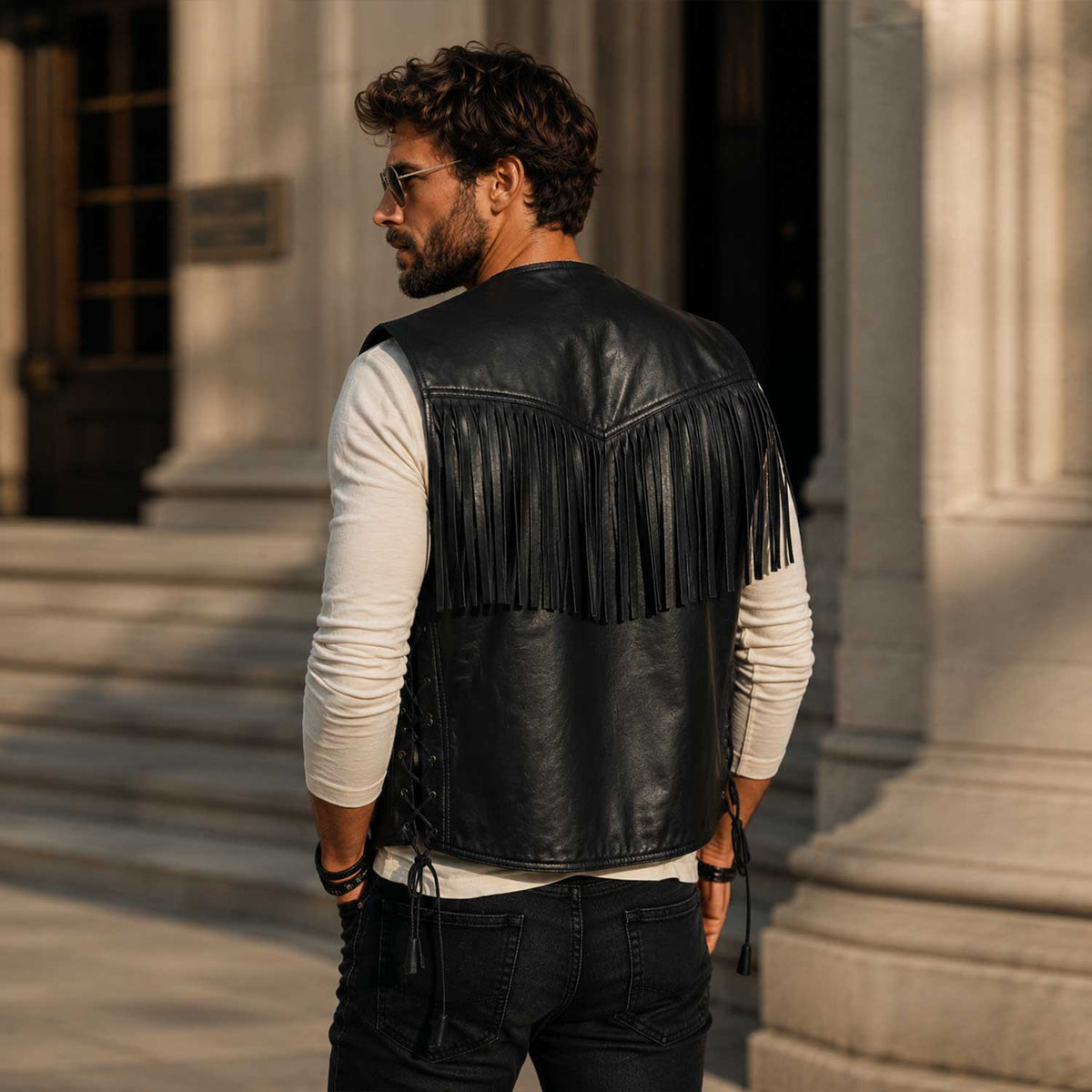 Men's western fringe black sheepskin leather vest - view 4