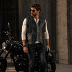 Men's western fringe black sheepskin leather vest - view 3