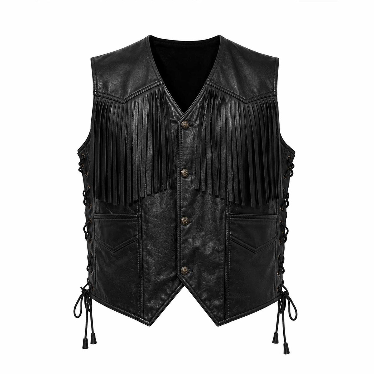Men's western fringe black sheepskin leather vest - view 5