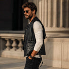 Men's western fringe black sheepskin leather vest - view 2