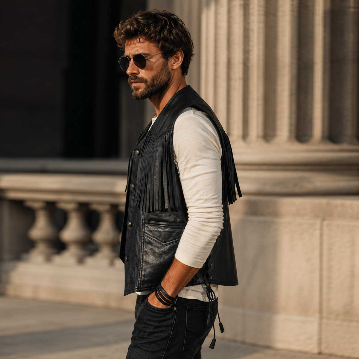 Men's western fringe black sheepskin leather vest - view 2
