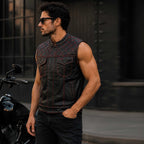 Men's black and red diamond quilted sheepskin leather vest - view 2