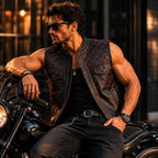 Men's black and red diamond quilted sheepskin leather vest - view 4