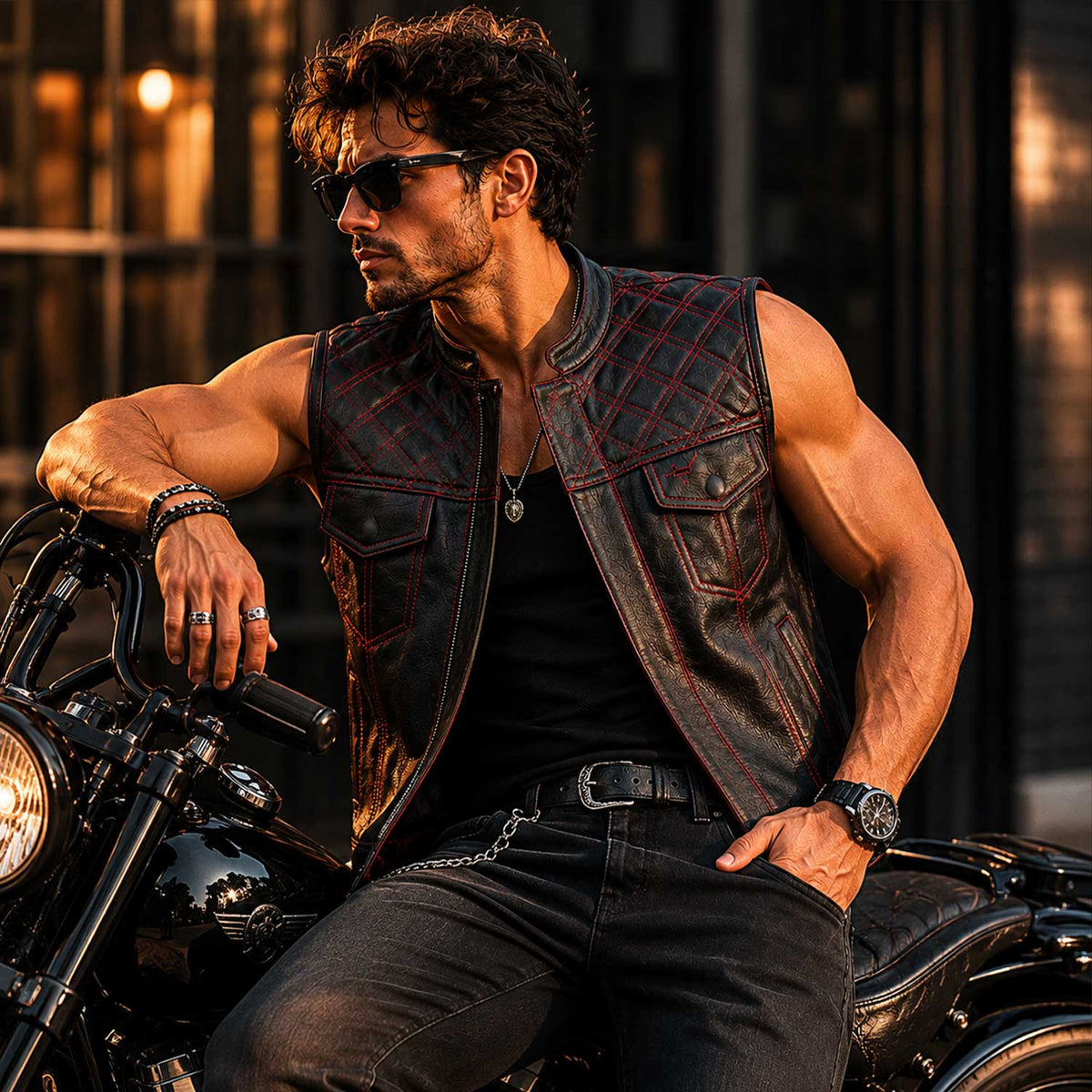 Men's black and red diamond quilted sheepskin leather vest - view 4