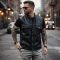 Men's black calfskin leather moto vest with concealed carry pockets