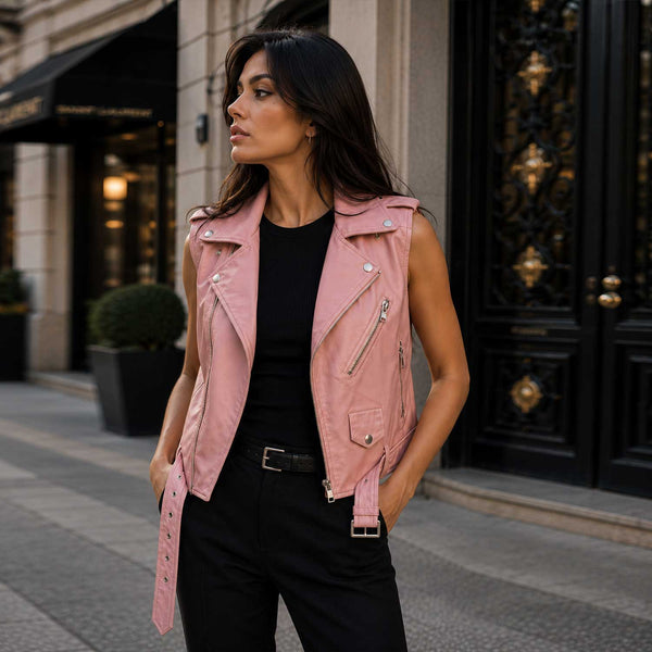 Women's Pink Lambskin Leather Biker Vest - Cropped Moto Vest