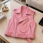 Women's pink lambskin leather cropped biker vest - view 6