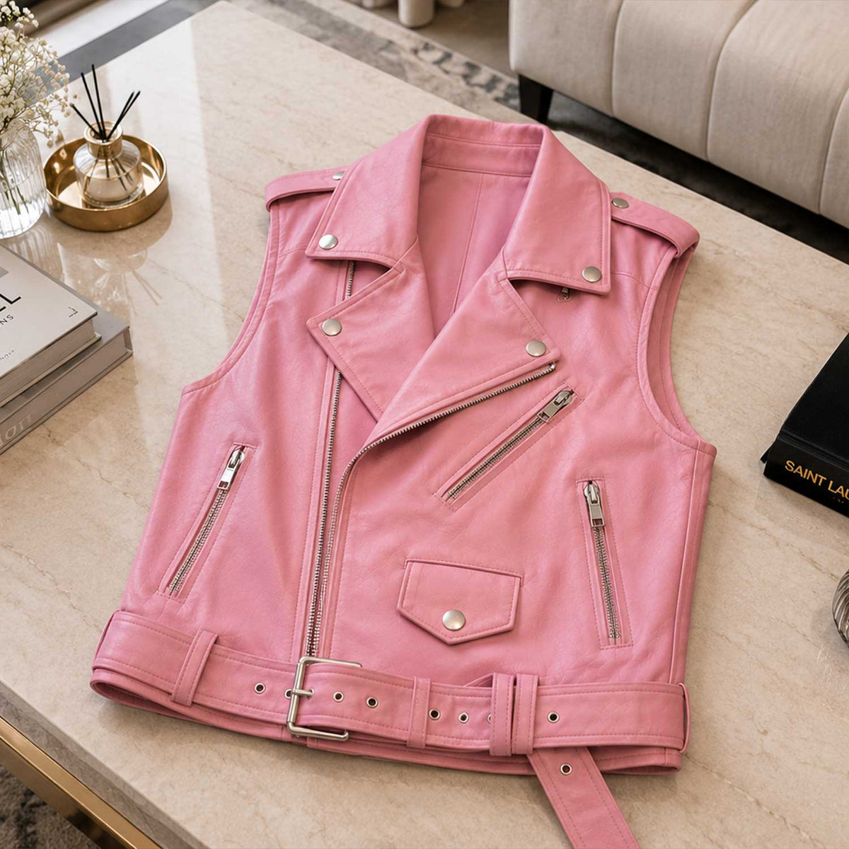 Women's pink lambskin leather cropped biker vest - view 6