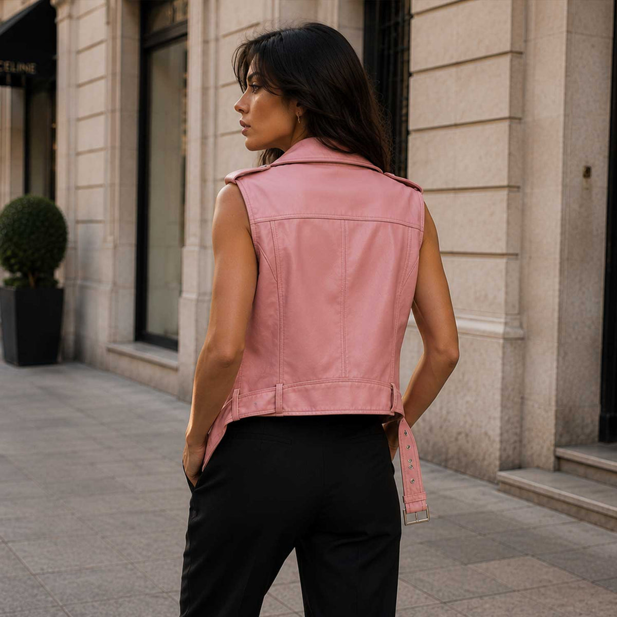 Women's pink lambskin leather cropped biker vest - view 5