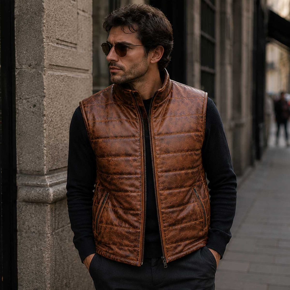 Summit men's cognac leather puffer vest