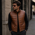 Summit men's cognac leather puffer vest