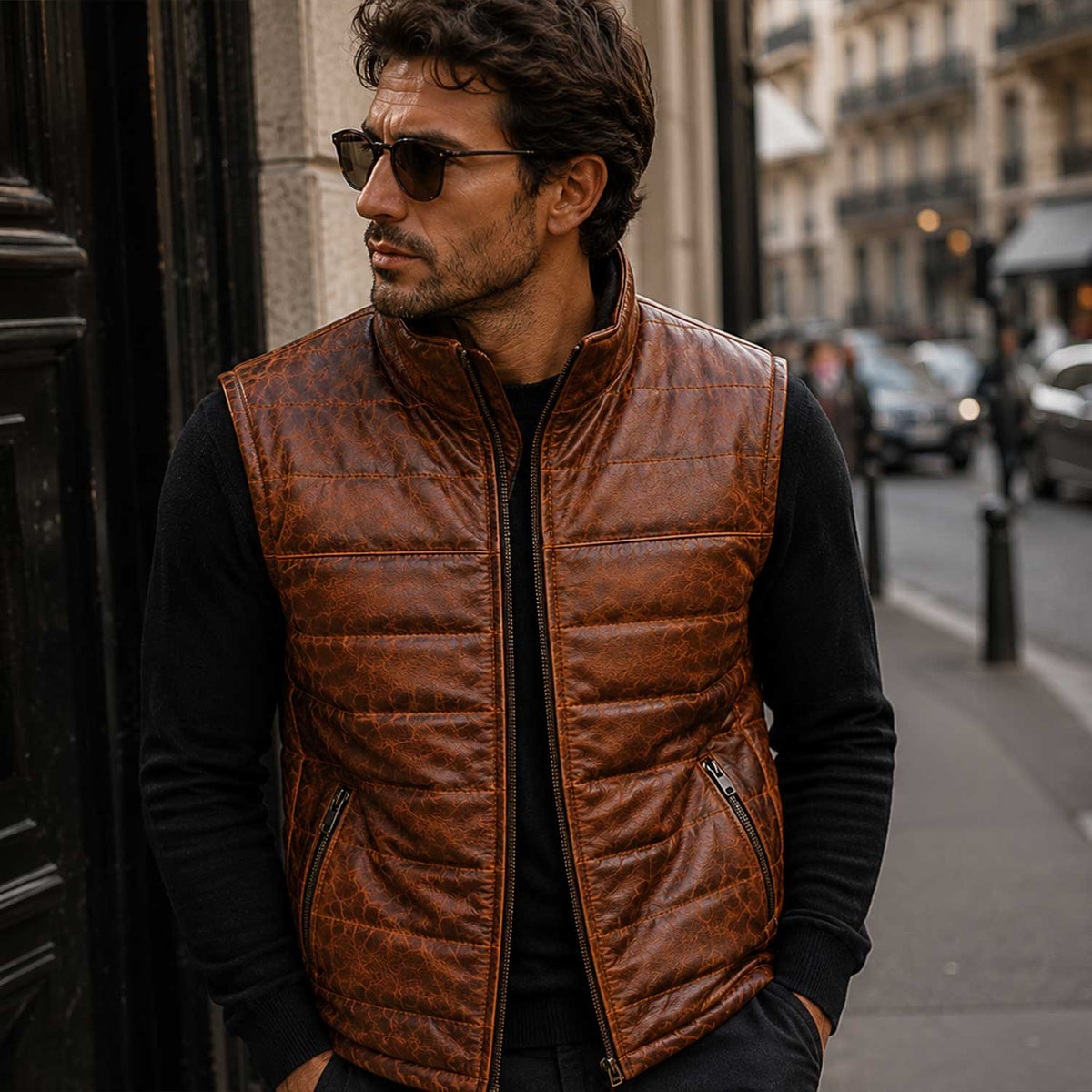 Summit men's cognac leather puffer vest - view 5