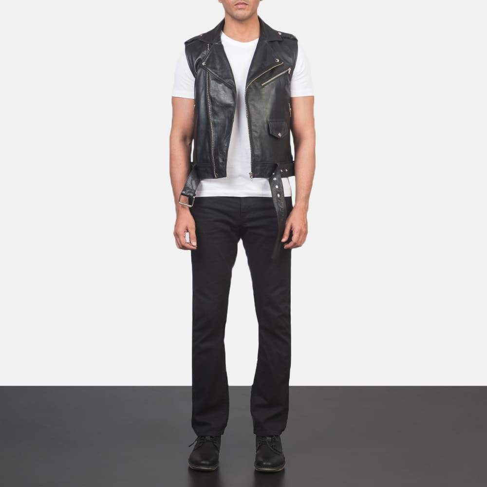 Throttle black leather biker vest - view 3