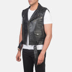 Throttle black leather biker vest - view 4