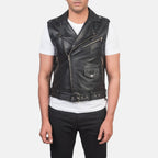 Throttle black leather biker vest - view 2