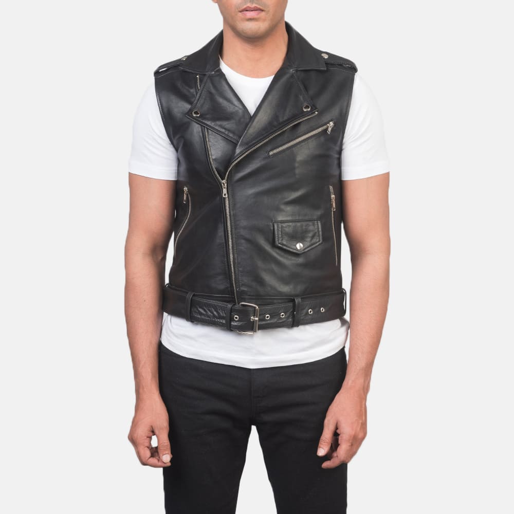 Throttle black leather biker vest - view 2