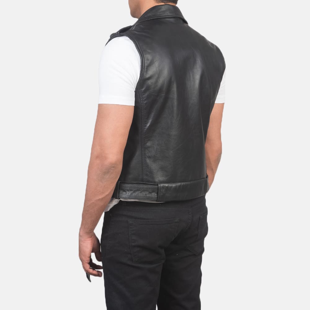 Throttle black leather biker vest - view 5