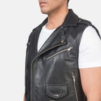Throttle black leather biker vest - view 6