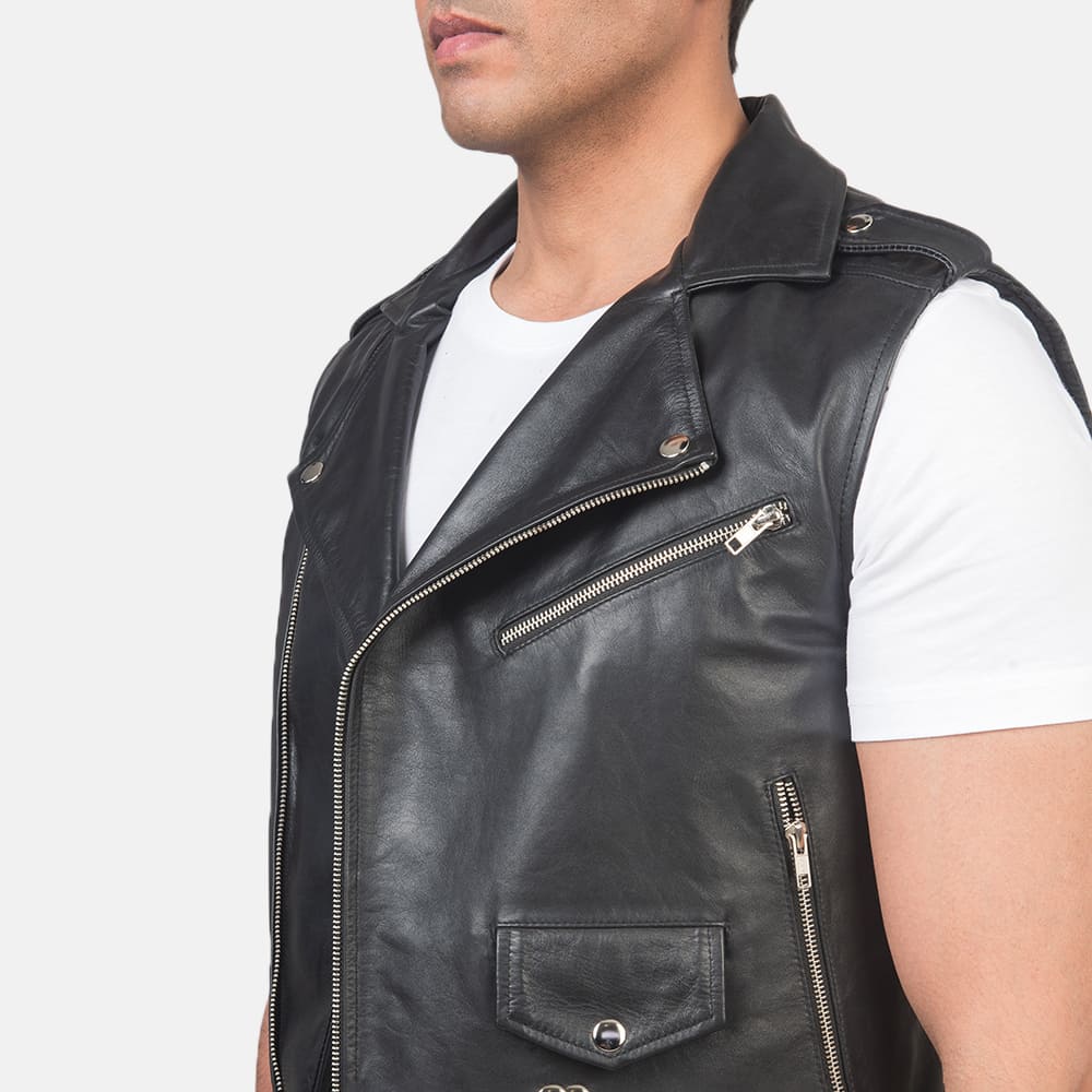 Throttle black leather biker vest - view 6