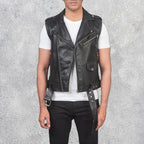 Throttle black leather biker vest