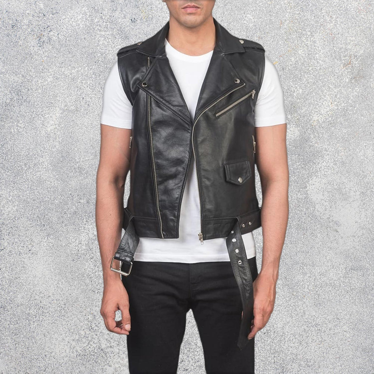 Throttle black leather biker vest