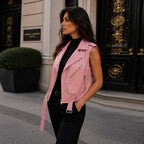 Women's pink lambskin leather cropped biker vest - view 2