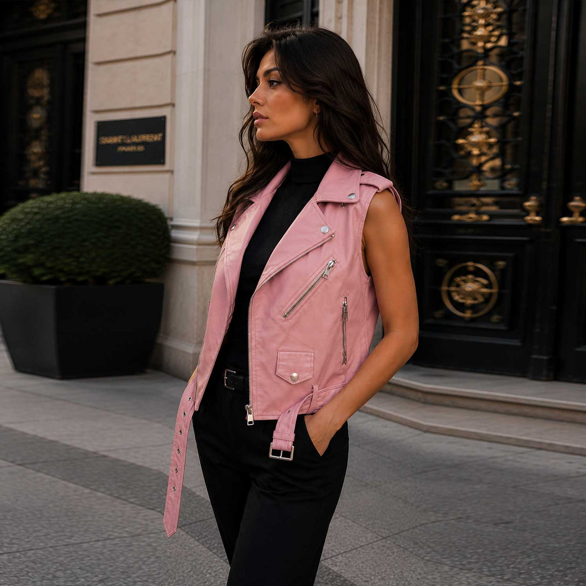 Women's pink lambskin leather cropped biker vest - view 2